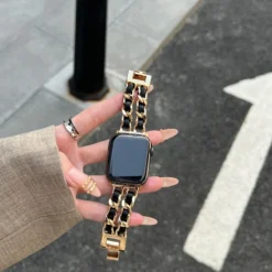 women's gold & leather wristband bracelet for apple watch 8 ultra 49mm 7 se 6 5 4 3