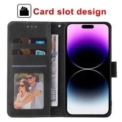 luxury leather wallet card holder flip case for iphone 14 13 12 pro max plus wrist strap