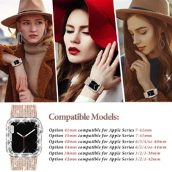 sparkly diamond silicone leather strap for apple watch 44/41/45 40/42mm band + bling case